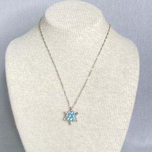 Silver Tone Chain Necklace With Aqua Blue Rhinestones Star Pendant